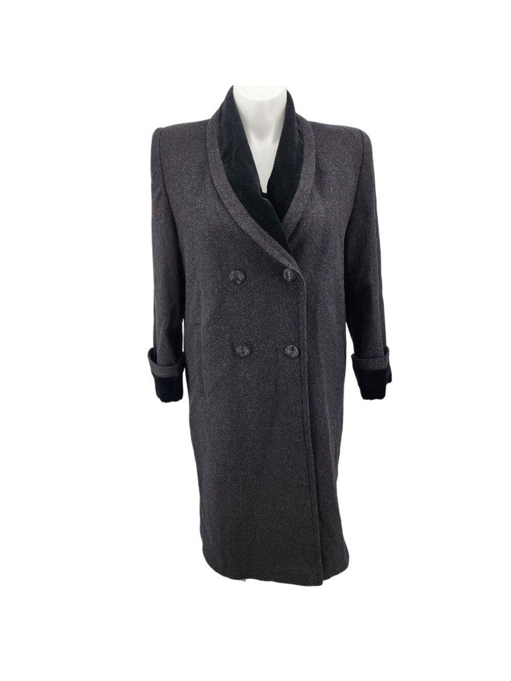 Vintage J+D Petite Wool Coat W/ Velvet Lapel & Cuffs Gray Made In USA Size 12